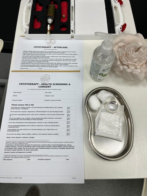Cryotherapy health screening, consent and aftercare information used at The Leech Clinic